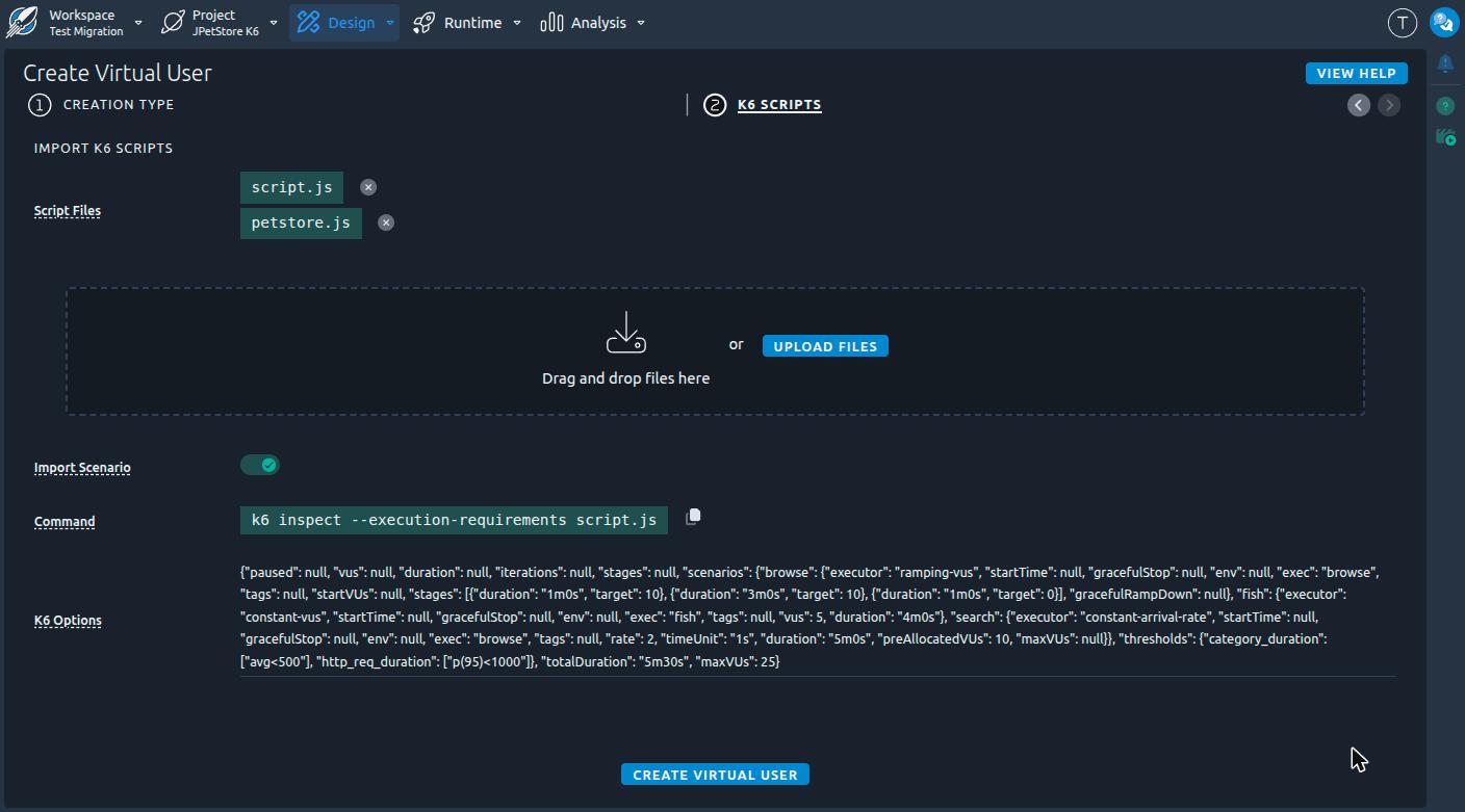 The K6 import, with Import Scenario turned on