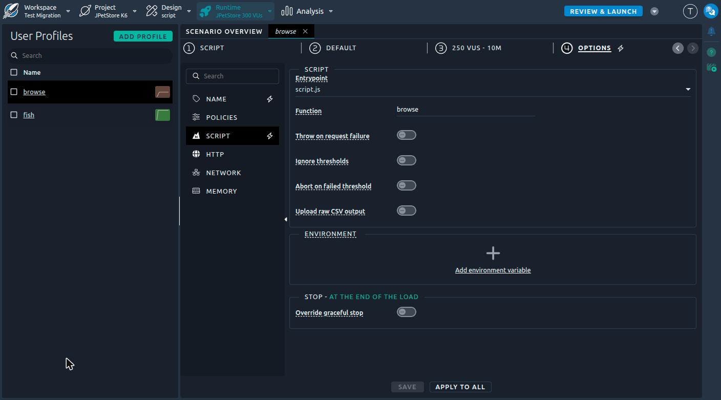 The Script settings of a K6 user profile
