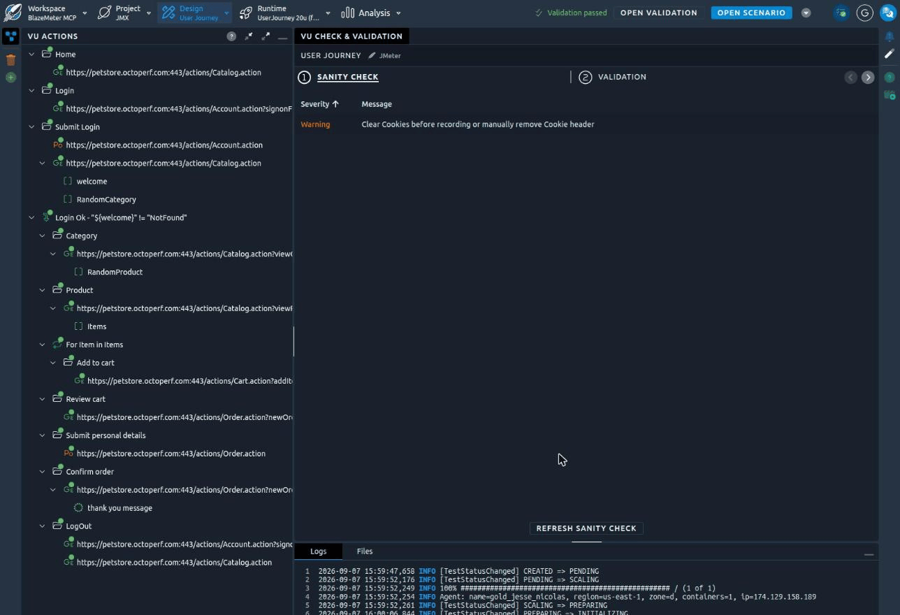 Transaction controllers became containers, and the condition survived in the node name The imported Virtual User, expanded, with the validation badge