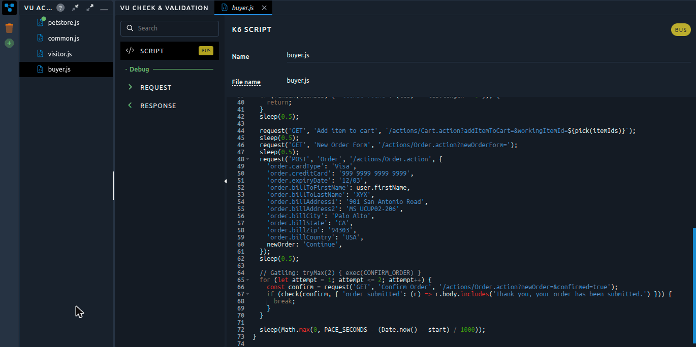 The rewritten buyer, in the K6 Script editor