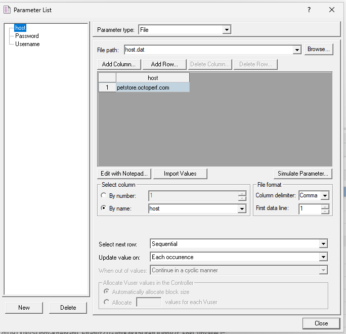 The Parameter List, with host, Password and Username
