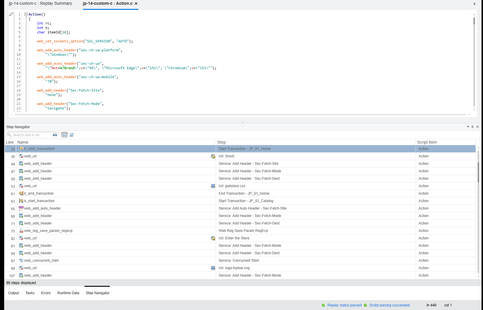 The VuGen script, its Step Navigator and a green replay