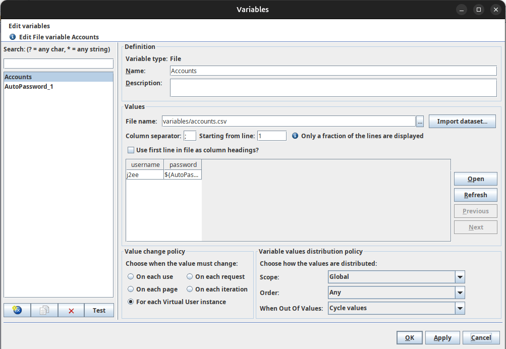 The NeoLoad file variable and its encrypted password
