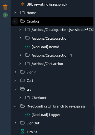 The imported action tree, with its markers
