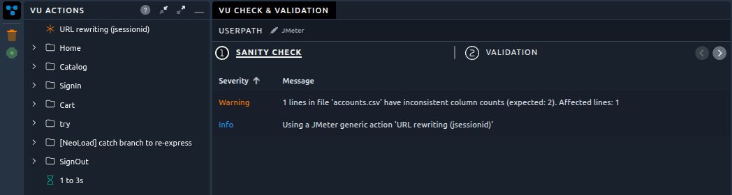 The sanity check on the imported Virtual User