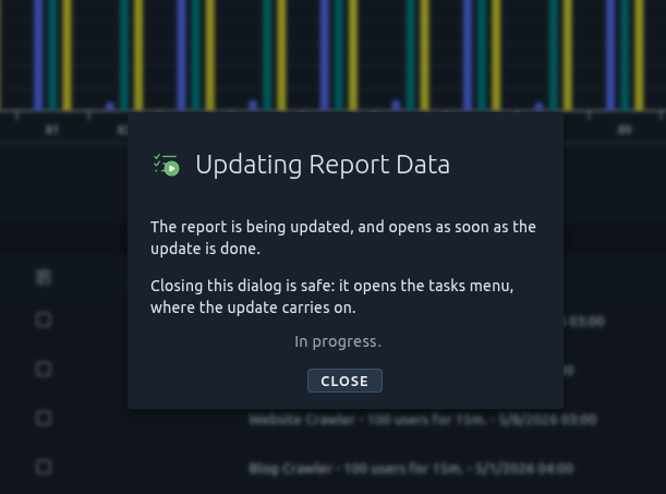 The Updating Report Data dialog in OctoPerf 17