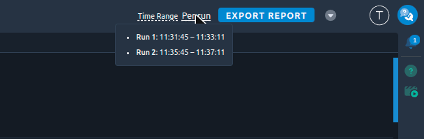 The time range of each run in the report header