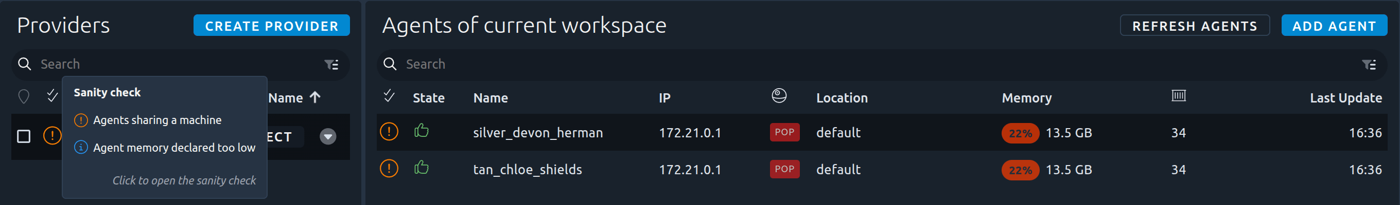 The sanity check of the Providers page