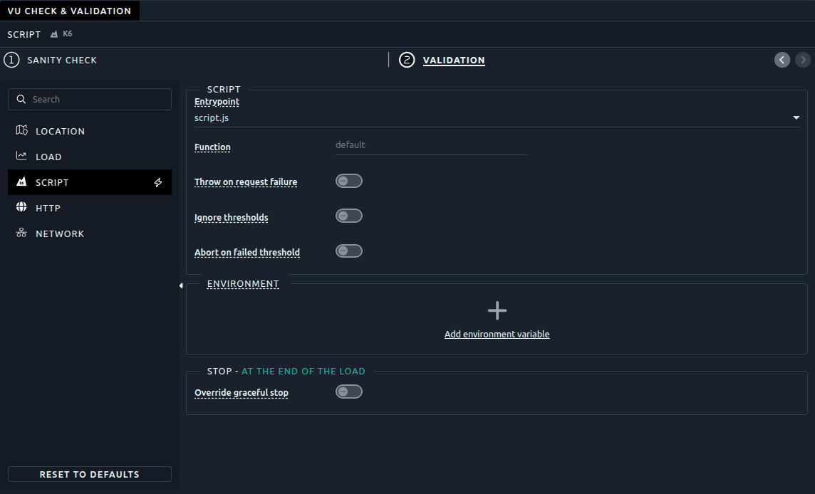 The validation settings of a K6 Virtual User