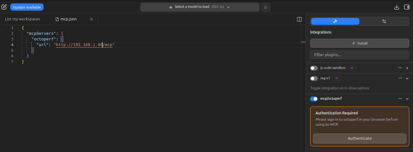 The Authenticate button shown by LM Studio for the OctoPerf MCP server