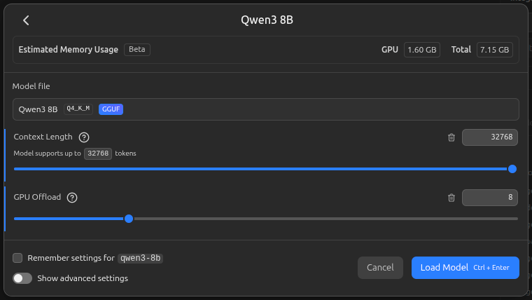 Setting context length and GPU offload when loading Qwen3 in LM Studio
