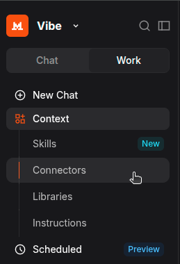 The Connectors entry under Context in the Mistral Vibe Work sidebar