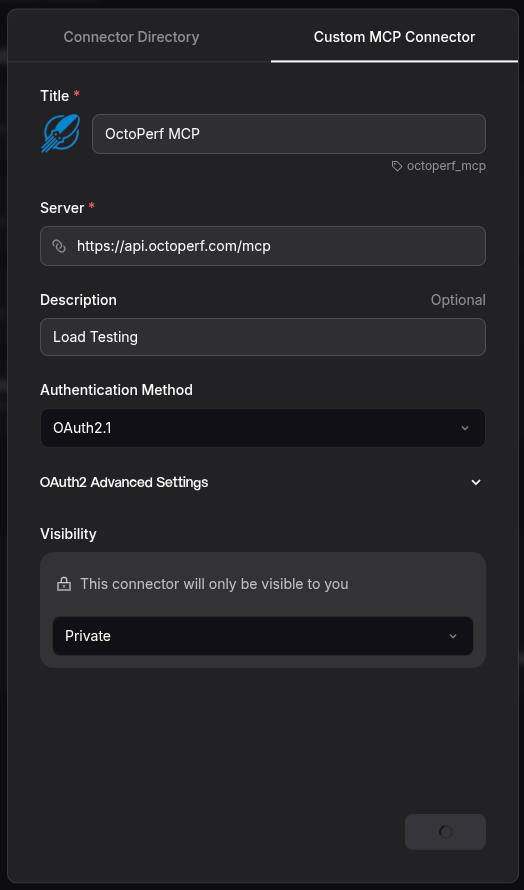 Filling in the Custom MCP Connector form with the OctoPerf endpoint