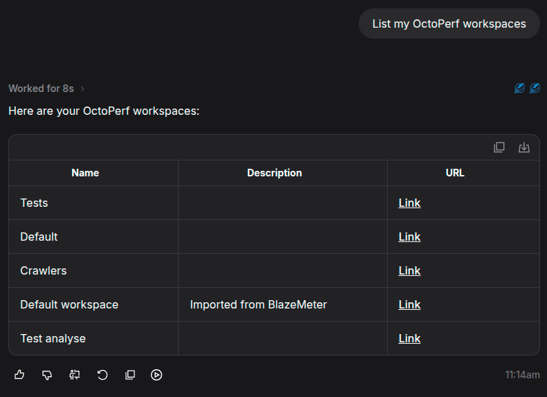 Mistral Vibe answering a List my OctoPerf workspaces prompt with a table