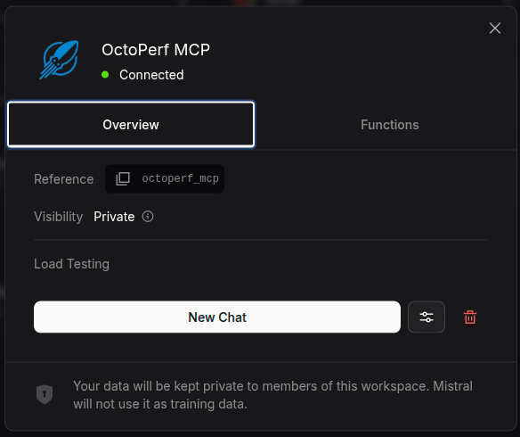 The OctoPerf MCP connector showing a green Connected status in Mistral Vibe