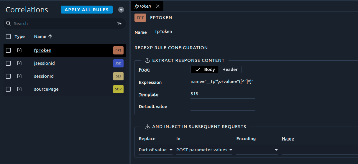 The correlation rules created by the agent, visible in the project rule library Correlation rules created in the OctoPerf project